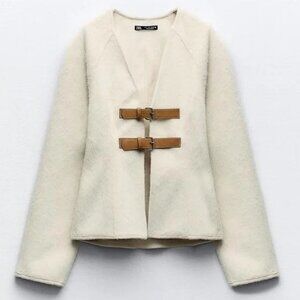Zara Cream Toggle-Front Jacket with Tan Leather Straps